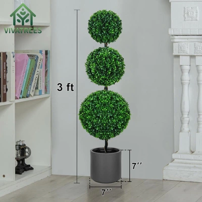 3FT 4FT Triple Ball Topiary Artificial Tree Faux Shrubs Plant Realistic Silk Tree With Gray Planter For Home Or Office Outdoor Decoration Set Of 2 2 3FT 4FT Triple Ball Topiary Artificial Tree Faux Shrubs Plant Realistic Silk Tree With Gray Planter For Home Or Office Outdoor Decoration Set Of 2 - Image 2
