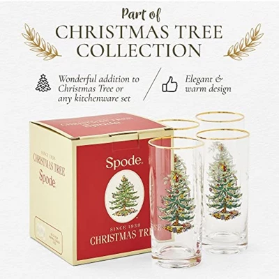 Spode Christmas Tree 15oz Highball Glasses, Set Of 4 - Gold-Rimmed Elegant Holiday-Themed Glassware, Festive Holiday Drinkware For Christmas Parties 2 Spode Christmas Tree 15oz Highball Glasses, Set Of 4 - Gold-Rimmed Elegant Holiday-Themed Glassware, Festive Holiday Drinkware For Christmas Parties - Image 2