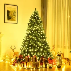 Costway 7Ft/7.5Ft/8Ft Pre-Lit PVC Christmas Tree Hinged 300/400/430 Lights