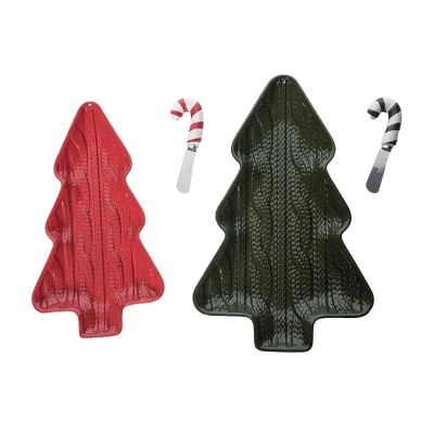 Transpac Ceramic Trees Sweater Texture Platter Set With Spoon Home Decorations For Christmas Serving Set Of 2 Dolomite 2 Transpac Ceramic Trees Sweater Texture Platter Set With Spoon Home Decorations For Christmas Serving Set Of 2 Dolomite - Image 2