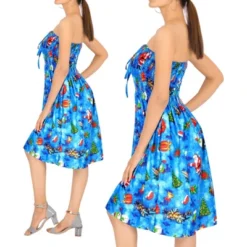 LA LEELA Women's Casual Beach A Line Slit Mini Dress Tube Top Evening Short Strapless Christmas Tree Dresses For Women One Size Iris, Santa Gifts