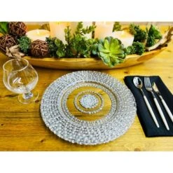 Essential Decor & Beyond 13.2" Modern Round Glass Charger With Silver Oval Pattern Set Of 4