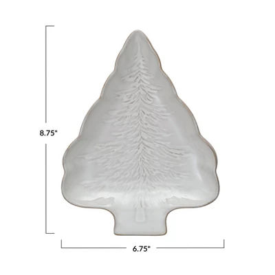 Storied Home Stoneware Tree Shaped Plate With Tree Design With Reactive Glaze, White 1 Storied Home Stoneware Tree Shaped Plate With Tree Design With Reactive Glaze, White