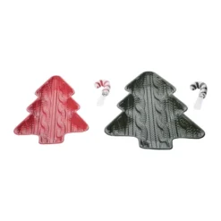 Transpac Ceramic Trees Sweater Texture Platter Set With Spoon Home Decorations For Christmas Serving Set Of 2 Dolomite