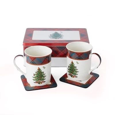 Spode Christmas Tree Tartan Mug & Coaster Set With Tin Box (5-Piece Set), Elegant Porcelain Mugs And Cork-Backed Coasters, Dishwasher & Microwave Safe 2 Spode Christmas Tree Tartan Mug & Coaster Set With Tin Box (5-Piece Set), Elegant Porcelain Mugs And Cork-Backed Coasters, Dishwasher & Microwave Safe - Image 2