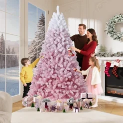 Prelit Pink Snow Flocked Christmas Tree, Warm LED Lights, Gradient Branches, Sturdy Metal Stand, Holiday Decor For Home Office Party