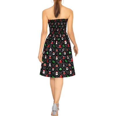 LA LEELA Women's Casual Beach A Line Slit Smocked Mini Dress Tube Top Evening Short Strapless Christmas Tree Dress For Women One Size Ebony Xmas Theme 3 LA LEELA Women's Casual Beach A Line Slit Smocked Mini Dress Tube Top Evening Short Strapless Christmas Tree Dress For Women One Size Ebony Xmas Theme - Image 3