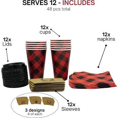 4E's Novelty 12 Pack 16 Oz Buffalo Plaid Hot Cups With Lids, Napkins, Sleeves – Christmas Disposable Coffee Cups 1 4E's Novelty 12 Pack 16 Oz Buffalo Plaid Hot Cups With Lids, Napkins, Sleeves – Christmas Disposable Coffee Cups
