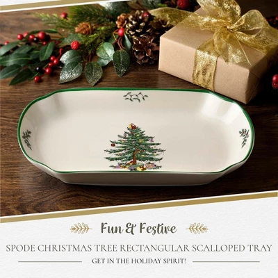 Spode Christmas Tree 11-Inch Rectangular Scalloped Tray, Stoneware Holiday Serving Platter - Festive Tableware - Dishwasher, Microwave, Freezer Safe 1 Spode Christmas Tree 11-Inch Rectangular Scalloped Tray, Stoneware Holiday Serving Platter - Festive Tableware - Dishwasher, Microwave, Freezer Safe
