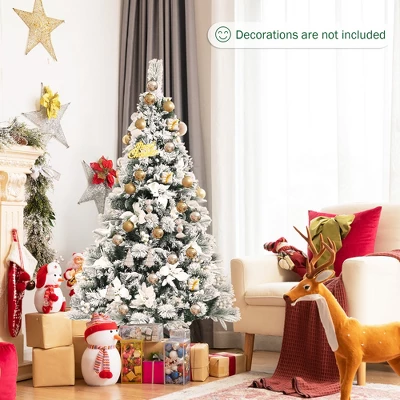 Costway 5ft/6ft/7ft/8ft Snow Flocked Hinged Christmas Tree W/ Berries & Poinsettia Flowers 1 Costway 5ft/6ft/7ft/8ft Snow Flocked Hinged Christmas Tree W/ Berries & Poinsettia Flowers