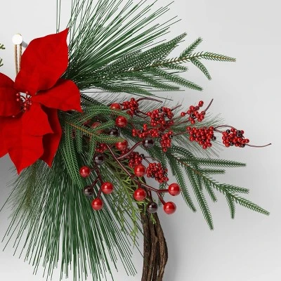 22" Christmas Unlit Asymmetrical Red Poinsettia Wreath - Wondershop™ 3 22" Christmas Unlit Asymmetrical Red Poinsettia Wreath - Wondershop™ - Image 3