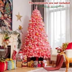 Costway 4.5/6.5/7.5 Ft Snow Flocked Hinged Artificial Christmas Tree W/ Metal Stand Pink