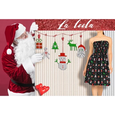 LA LEELA Women's Casual Beach A Line Slit Smocked Mini Dress Tube Top Evening Short Strapless Christmas Tree Dress For Women One Size Ebony Xmas Theme 2 LA LEELA Women's Casual Beach A Line Slit Smocked Mini Dress Tube Top Evening Short Strapless Christmas Tree Dress For Women One Size Ebony Xmas Theme - Image 2