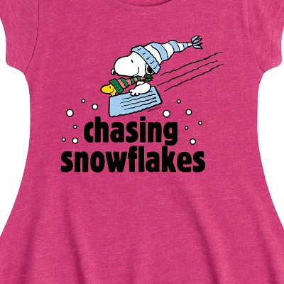 Girls' - Peanuts - Snoopy & Woodstock Chasing Snowflakes Christmas Fit & Flair Cap Sleeve Graphic Dress 1 Girls' - Peanuts - Snoopy & Woodstock Chasing Snowflakes Christmas Fit & Flair Cap Sleeve Graphic Dress
