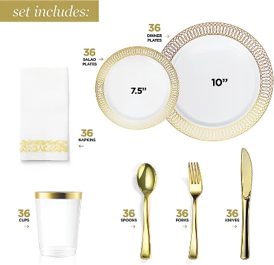 Chateau Fine Tableware 252-Piece White And Gold Plates, Napkins, Party Supplies, Dinnerware For Adults (36 Sets) 1 Chateau Fine Tableware 252-Piece White And Gold Plates, Napkins, Party Supplies, Dinnerware For Adults (36 Sets)