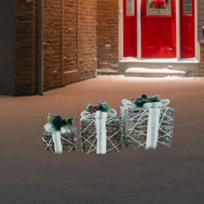 Northlight LED Lighted Gift Boxes With Pine And Berries Christmas Decorations - 9.75" - Set Of 3 1 Northlight LED Lighted Gift Boxes With Pine And Berries Christmas Decorations - 9.75" - Set Of 3