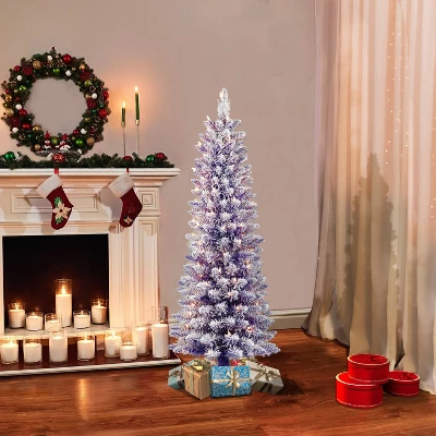 4.5ft Puleo Pre-Lit Purple Flocked Slim Artificial Christmas Tree Clear Lights: Indoor Holiday Decor With Metal Base 1 4.5ft Puleo Pre-Lit Purple Flocked Slim Artificial Christmas Tree Clear Lights: Indoor Holiday Decor With Metal Base