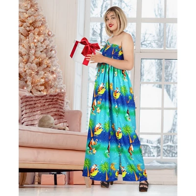 HAPPY BAY Women's A Line Slit Maxi Casual Beach Vacation Dress Tube Top Evening Long Strapless Christmas Holiday Dresses For Women L-XL Christmas Blue 3 HAPPY BAY Women's A Line Slit Maxi Casual Beach Vacation Dress Tube Top Evening Long Strapless Christmas Holiday Dresses For Women L-XL Christmas Blue - Image 3