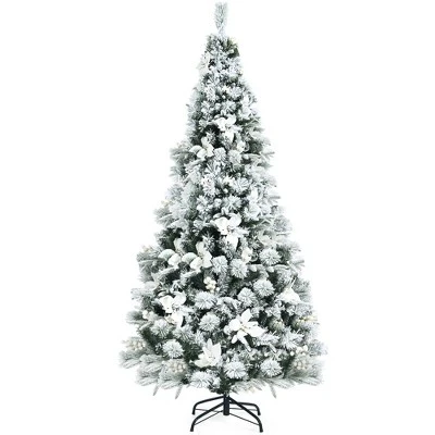 Costway 5ft/6ft/7ft/8ft Snow Flocked Hinged Christmas Tree W/ Berries & Poinsettia Flowers 10 Costway 5ft/6ft/7ft/8ft Snow Flocked Hinged Christmas Tree W/ Berries & Poinsettia Flowers - Image 10