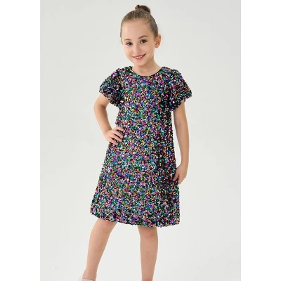 2Bunnies Girls' Christmas New Year's Colorful Stardust Sequin Dress Puff Sleeve 3 2Bunnies Girls' Christmas New Year's Colorful Stardust Sequin Dress Puff Sleeve - Image 3