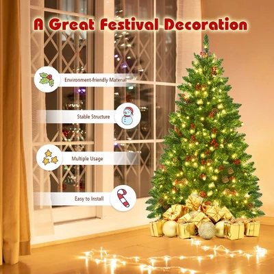 Costway 4.5Ft6.5Ft7.5Ft Pre-lit Hinged Christmas Tree W/ Pine Cones Red Berries And 300450450 LED Lights 6 Costway 4.5Ft6.5Ft7.5Ft Pre-lit Hinged Christmas Tree W/ Pine Cones Red Berries And 300450450 LED Lights - Image 6