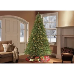 9ft Pre-lit Artificial Christmas Tree Full Forest Fir - Puleo: Hinged, Incandescent Lights, Easy Setup
