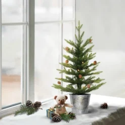 2ft Puleo Pre-Lit Tabletop Artificial Christmas Tree In Metal Pot Clear Lights