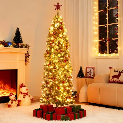 6ft/7.5ft/9ft/12ft Pre-Lit Pencil Christmas Tree With Dual-Color Lights, Slim Artificial Indoor Outdoor Xmas Tree For Home & Apartment 1 6ft/7.5ft/9ft/12ft Pre-Lit Pencil Christmas Tree With Dual-Color Lights, Slim Artificial Indoor Outdoor Xmas Tree For Home & Apartment