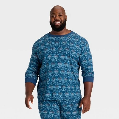 Men's Hanukkah Ribbed Long Sleeve Shirt And Pants Holiday Matching Family Pajama Set - Wondershop™ Blue 2 Men's Hanukkah Ribbed Long Sleeve Shirt And Pants Holiday Matching Family Pajama Set - Wondershop™ Blue - Image 2
