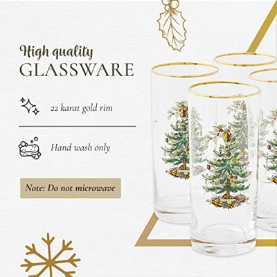 Spode Christmas Tree 15oz Highball Glasses, Set Of 4 - Gold-Rimmed Elegant Holiday-Themed Glassware, Festive Holiday Drinkware For Christmas Parties 5 Spode Christmas Tree 15oz Highball Glasses, Set Of 4 - Gold-Rimmed Elegant Holiday-Themed Glassware, Festive Holiday Drinkware For Christmas Parties - Image 5