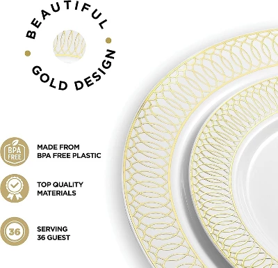 Chateau Fine Tableware 252-Piece White And Gold Plates, Napkins, Party Supplies, Dinnerware For Adults (36 Sets) 2 Chateau Fine Tableware 252-Piece White And Gold Plates, Napkins, Party Supplies, Dinnerware For Adults (36 Sets) - Image 2