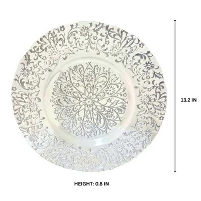 Essential Decor & Beyond 13.2" Modern Round Glass Charger With Silver Floral Pattern Set Of 4 2 Essential Decor & Beyond 13.2" Modern Round Glass Charger With Silver Floral Pattern Set Of 4 - Image 2
