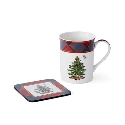 Spode Christmas Tree Tartan Mug & Coaster Set With Tin Box (5-Piece Set), Elegant Porcelain Mugs And Cork-Backed Coasters, Dishwasher & Microwave Safe 3 Spode Christmas Tree Tartan Mug & Coaster Set With Tin Box (5-Piece Set), Elegant Porcelain Mugs And Cork-Backed Coasters, Dishwasher & Microwave Safe - Image 3