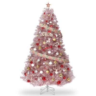7.5 FT Prelit Artificial Christmas Tree,Rose Gold Tinsel Fake Christmas Tree W/Warm White LED Lights,Metal Stand&Branch Tips For Home, Office 2 7.5 FT Prelit Artificial Christmas Tree,Rose Gold Tinsel Fake Christmas Tree W/Warm White LED Lights,Metal Stand&Branch Tips For Home, Office - Image 2