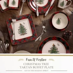 Spode Christmas Tree Tartan 12" Buffet Plate - Classic Christmas Design With Tartan Border - Dishwasher, Microwave, Freezer Safe